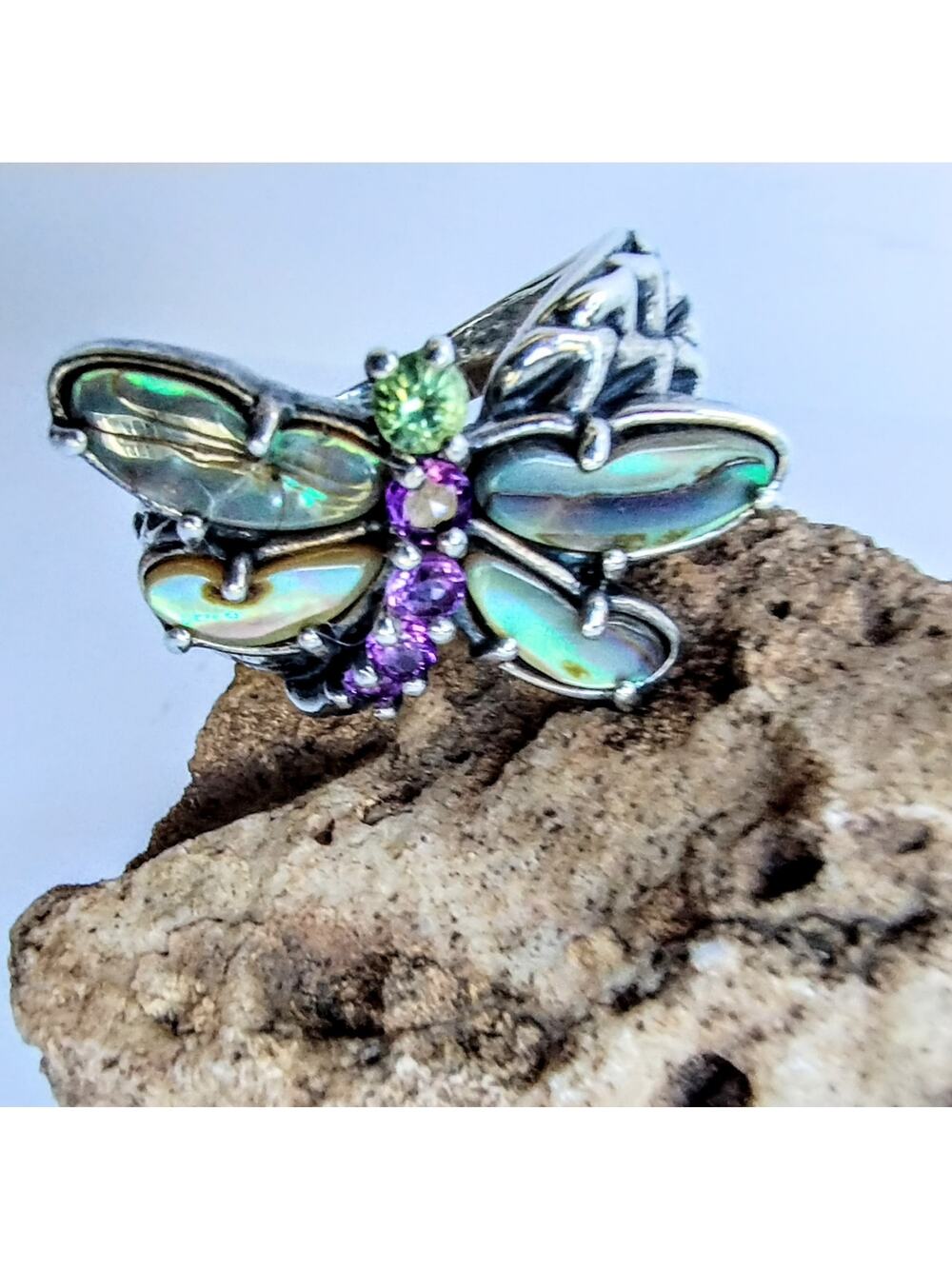 Carolyn Pollack NEW Sterling Silver Abalone Amethyst & Peridot Dragonfly Ring 8